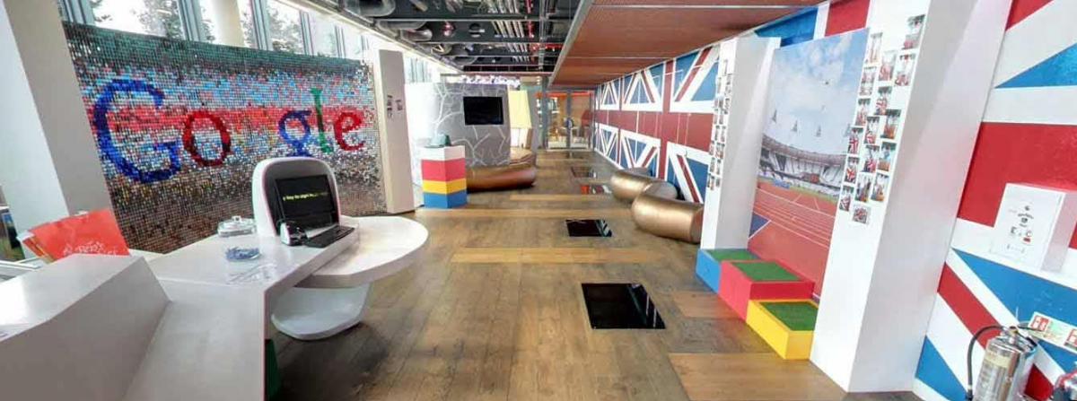 Inside Google's London offices, union flags adorn the walls and the google logo shimmers in a display on the left hand side