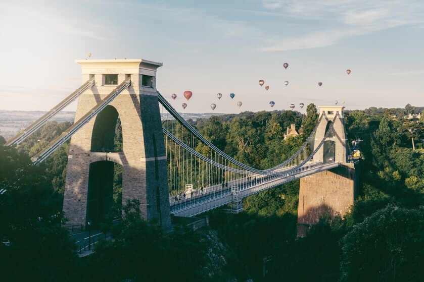Landscape photo of Clifton suspension bridge during the balloon fiesta